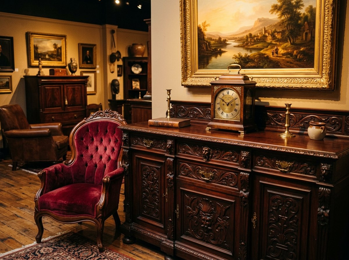 Curated antique mahogany sideboard and vintage timepiece