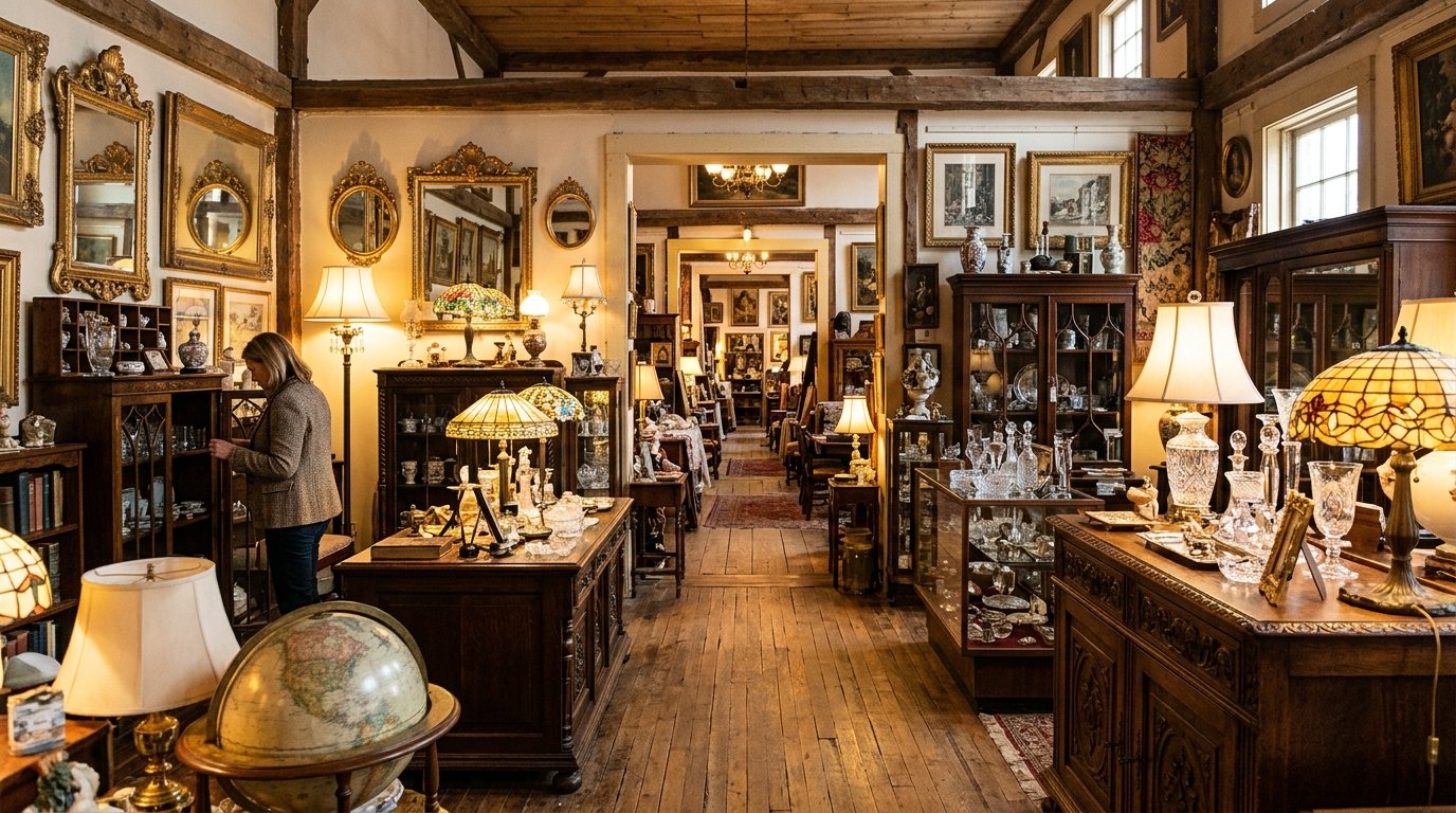 Inside A T Furniture & Antiques showing deep interconnected rooms of vintage lamps, clocks and furniture