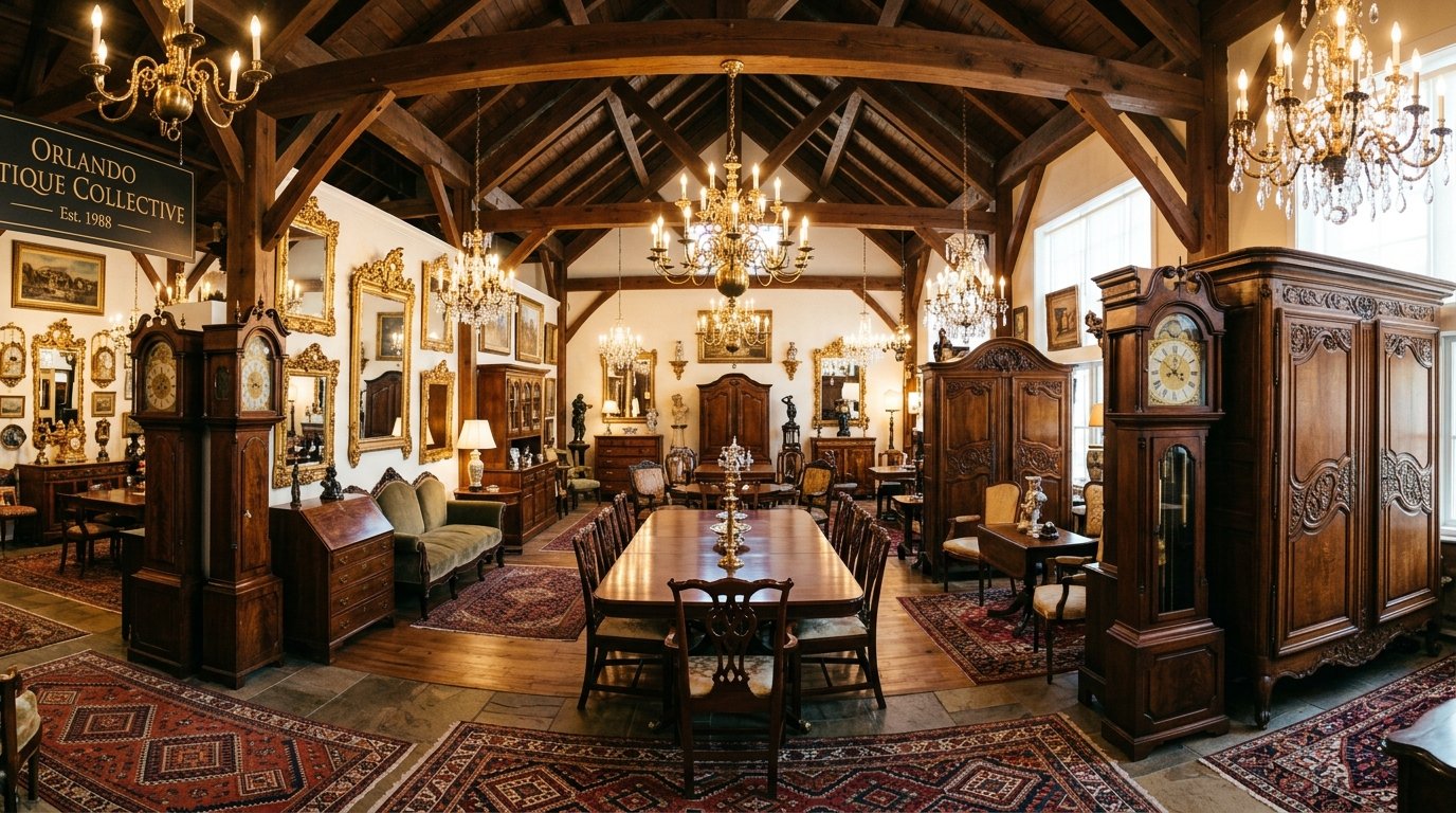 A T Furniture and Antiques packed showroom interior with mahogany furniture and grandfather clocks