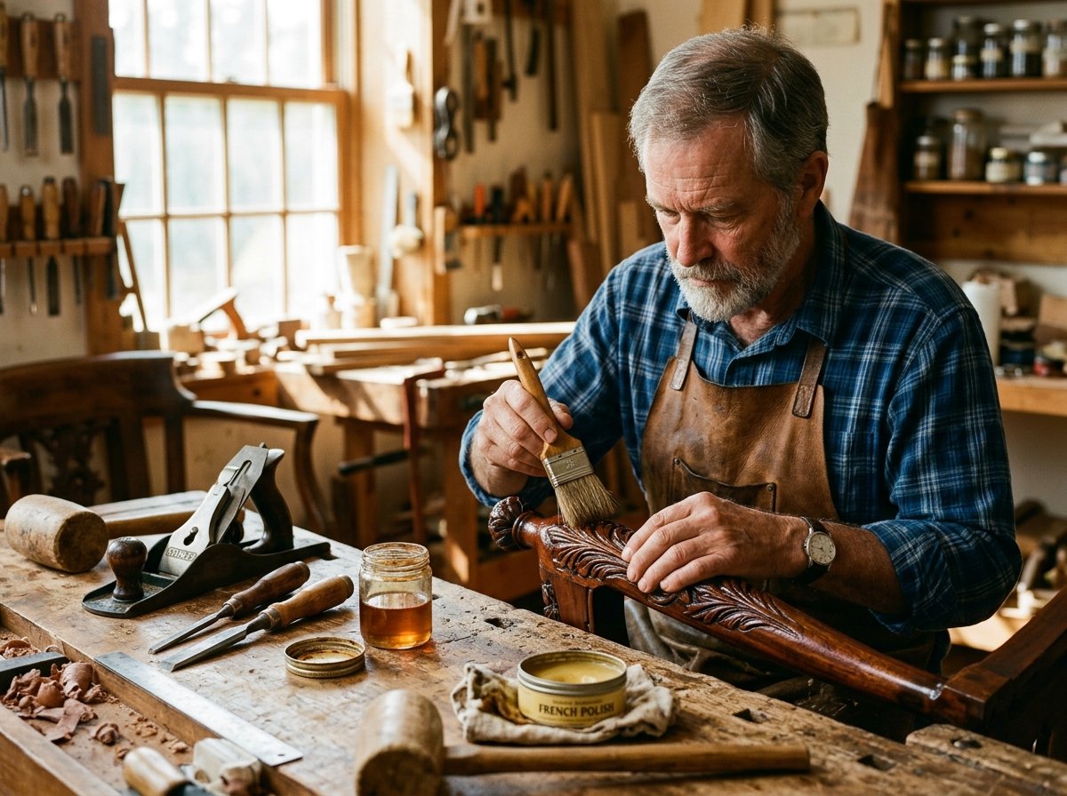 Artisan craftsman restoring an antique mahogany furniture carving